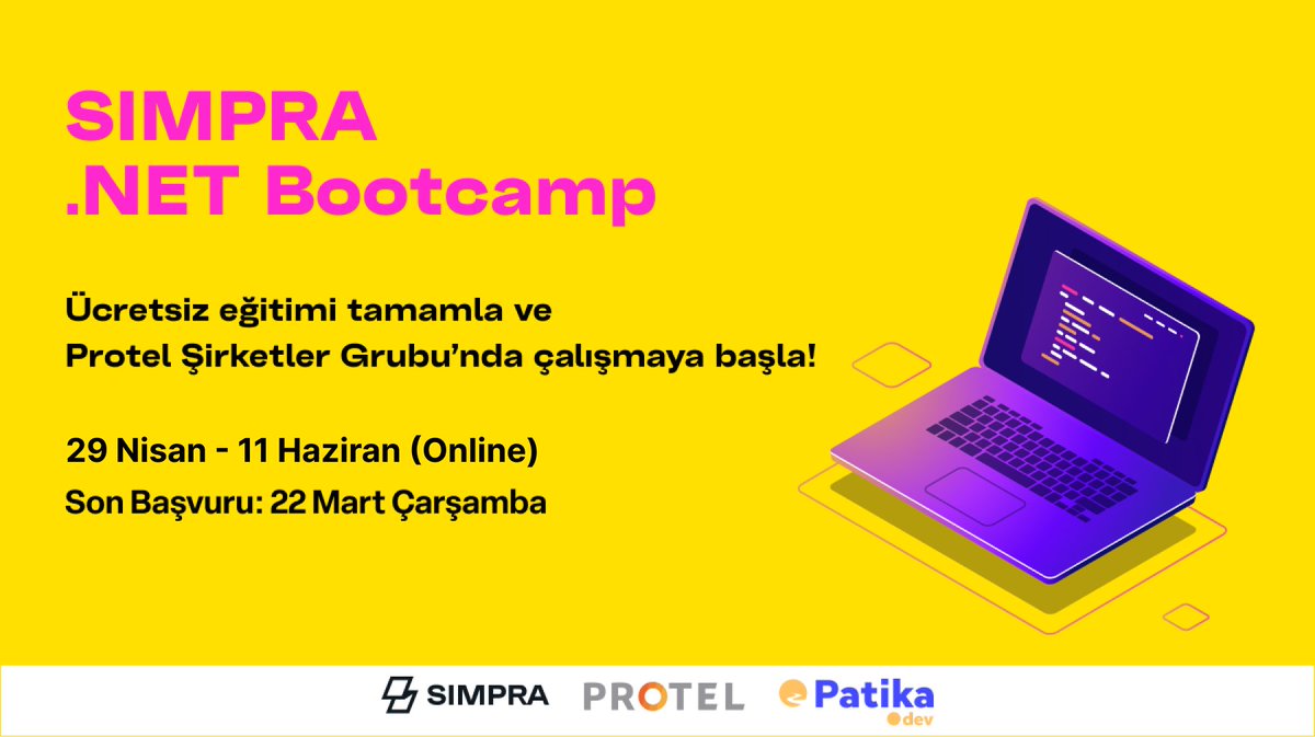 Simpra iş birliği ile düzenlediğimiz ücretsiz .Net Bootcamp başlıyor! 🚀 Yazılım kariyerine @getsimpra ekibinde başlamak istiyorsan bu fırsatı kaçırma! 🔥 📢 Son başvuru: 22 Mart Hemen başvur! ⤵️ patika.dev/bootcamp/simpr…