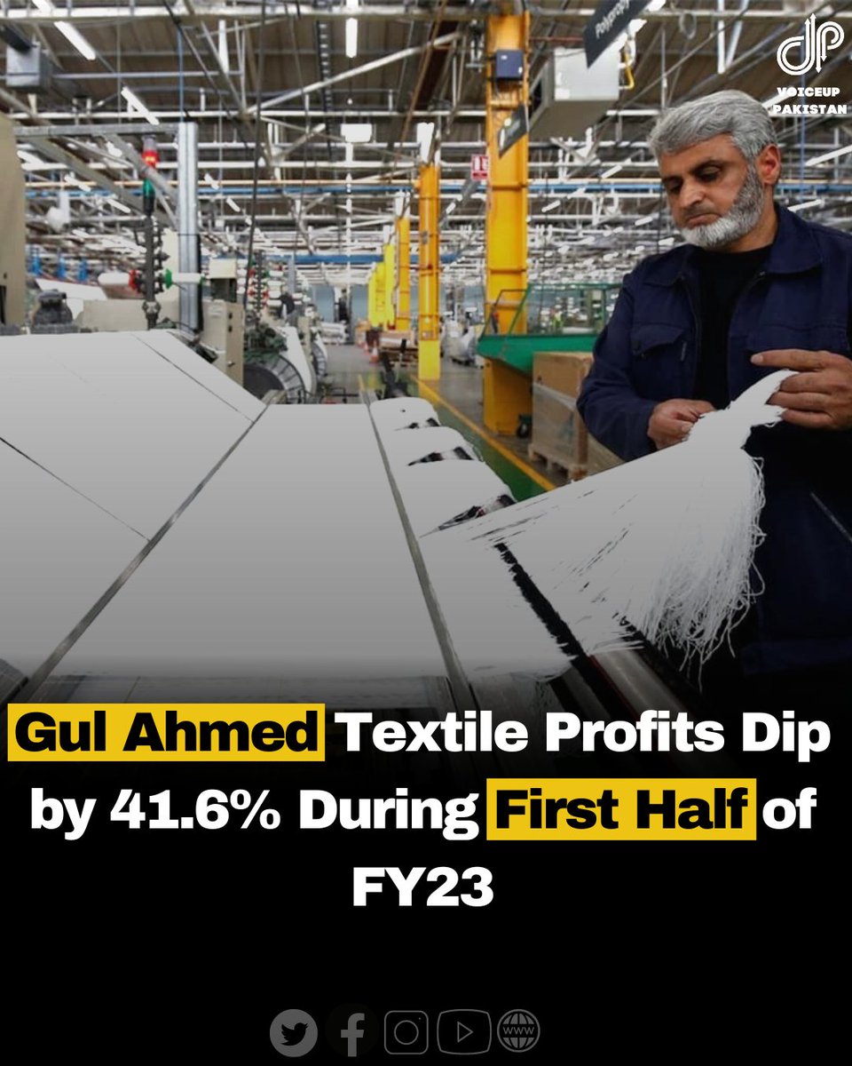 Gul Ahmed Textile Mills Limited (PSX: GATM) has posted an Rs. 2.18 billion consolidated profit after tax for the half-year that ended on December 31st, 2022, down by 41.6 percent year-on-year (YoY) from Rs. 3.73 billion in the same period last year.

#GulAhmed #textilesmills