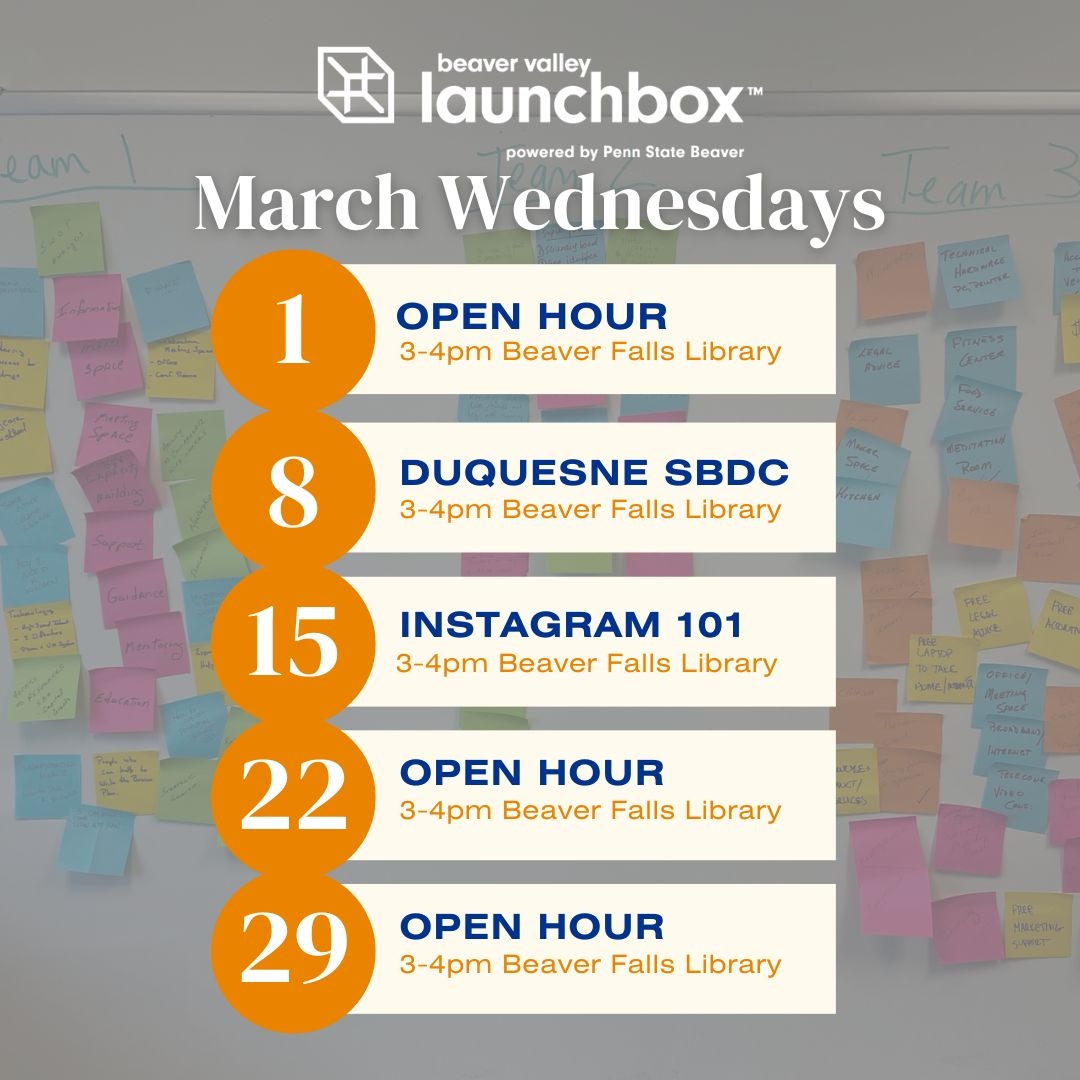 Mark your calendars for the upcoming March Wednesdays at the Carnegie Free Library of #BeaverFalls! Be sure to stop by from 3-4 p.m. and get motivated! ⁠Questions? Please email beaverlaunchbox@psu.edu⁠
⁠
#BeaverCountyPA #InventPennState #PennStateBeaver