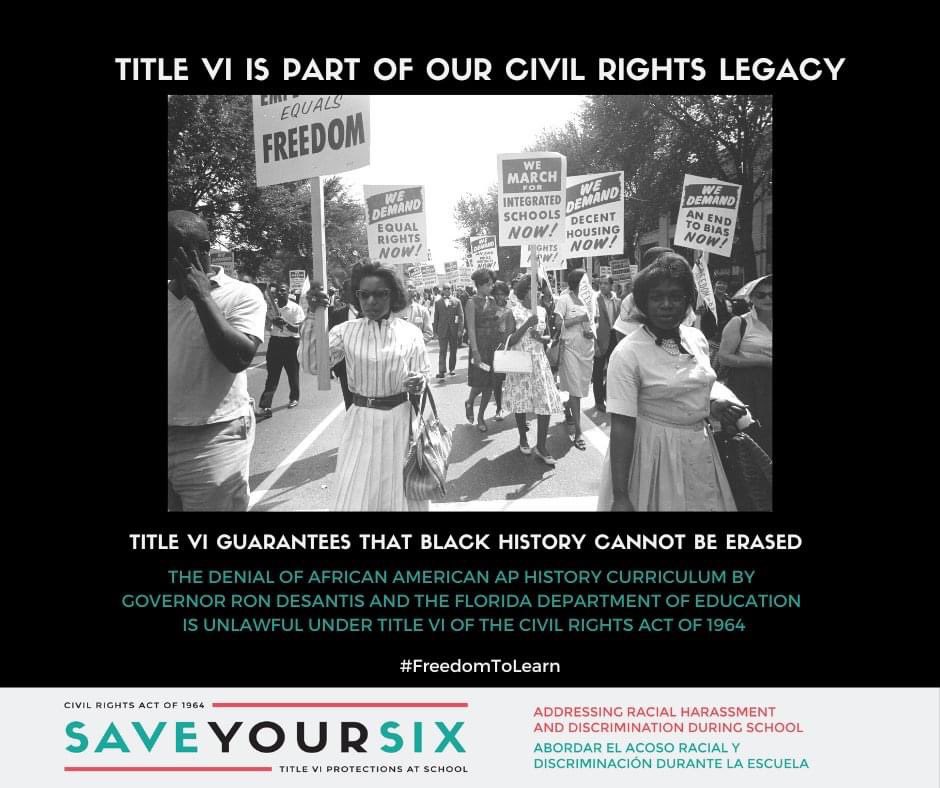 saveyourVI's tweet photo. @nhannahjones We have filed an Office For Civil Rights complaint with the Federal Department of Education against DeSantis &amp; the FL Dept of Ed for violating Title VI in the blocking of AP African American Studies. #FreedomToLearn #TitleVI https://t.co/Lf3JrfPXra