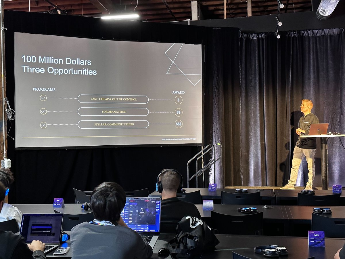 SDF's <a href="/tyvdh/">Tyler van der Hoeven (legacy)</a> breaks down Stellar's new smart contract protocol, Soroban, and its $100 million adoption fund at <a href="/Interop_Summit/">Interop Summit</a> 🔥

More here  → stellar.org/blog/a-develop… #ETHDenver2023