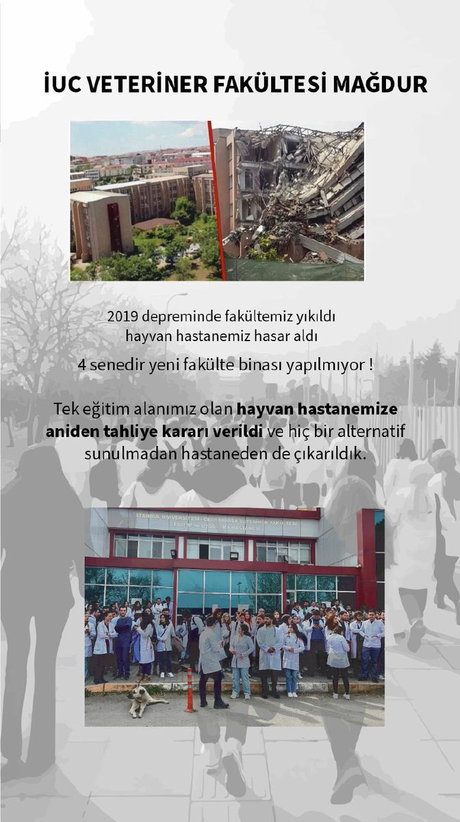 2019da yıkılan fakülte binamızın ardından hem teorik eğitim gördüğümüz hem de hasta takibi yapabildiğimiz hastanemiz tahliye ediliyor. Nasıl kaliteli eğitim göreceğiz? #iucvetkapatiliyor