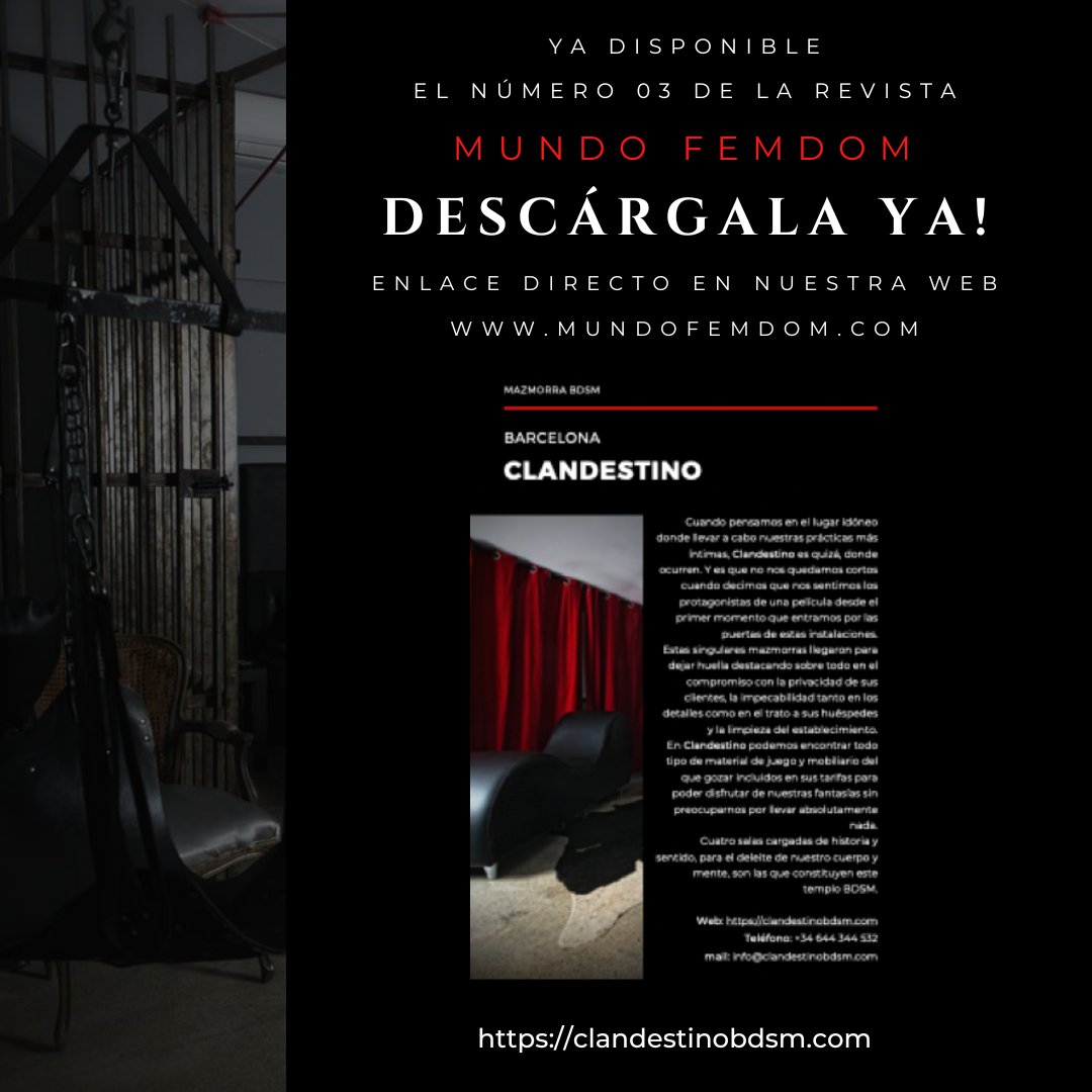 Presentamos Clandestino en Barcelona <a href="/ClandestinoBDSM/">Clandestino</a> en la nueva revista de “Mundo FemDom”. Si visitas Barcelona ya sabes dónde ir.
Tienes información, fotografías y enlaces directos en nuestra publicación. 
Descarga directa de la revista en este enlace: bit.ly/Revista_Mundo_…