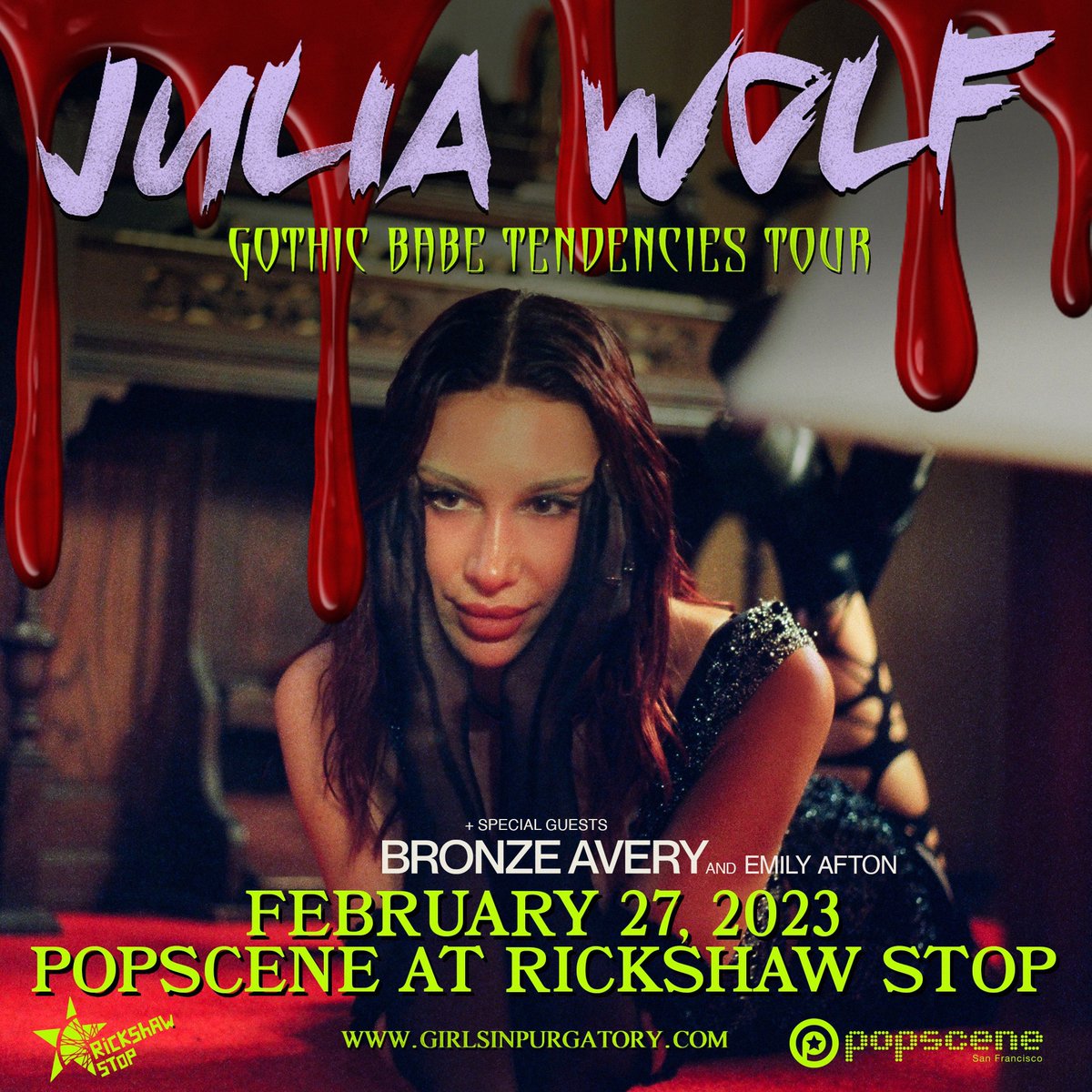 POPSCENE SHOW TONIGHT! 🚨

JULIA WOLF
+ Bronze Avery and Emily Afton
<a href="/rickshawstopsf/">Rickshaw Stop</a> 
7pm doors/all ages

<a href="/juliawolfnyc/">Julia Wolf</a> <a href="/bronzeavery/">BRONZE</a> <a href="/EmilyAftonMusic/">Emily Afton Music</a> 

Only a few advance tix left here or grab them at the door 🎟️⬇️

eventbrite.com/e/417351899767