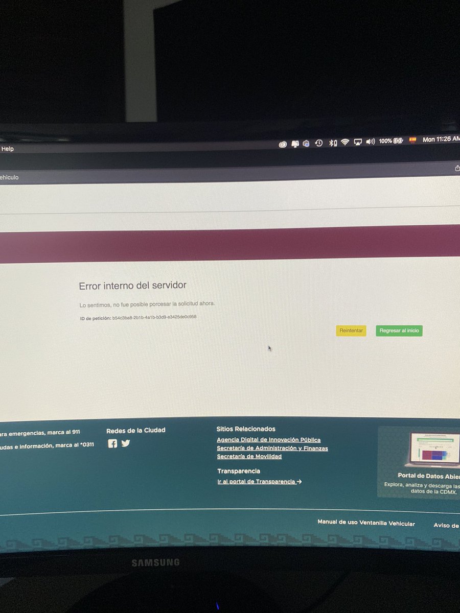 Estoy intentando hacer un alta de placas auto us foráneo y desde el día jueves me aparece esto que no me permite continuar. Se cayó la página , Qué puedo hacer ?
Me podrían ayudar <a href="/LaSEMOVI/">Secretaría de Movilidad CDMX</a> <a href="/Claudiashein/">Claudia Sheinbaum Pardo</a>