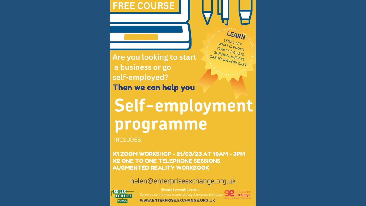 Do you experience additional barriers such as being  a single parent, 50yrs+ or long-term unemployed? And would you like to become self-employed or start your own business? Then our FREE self-employment programme is for you.

Please email helen@enterpriseexchange.org.uk