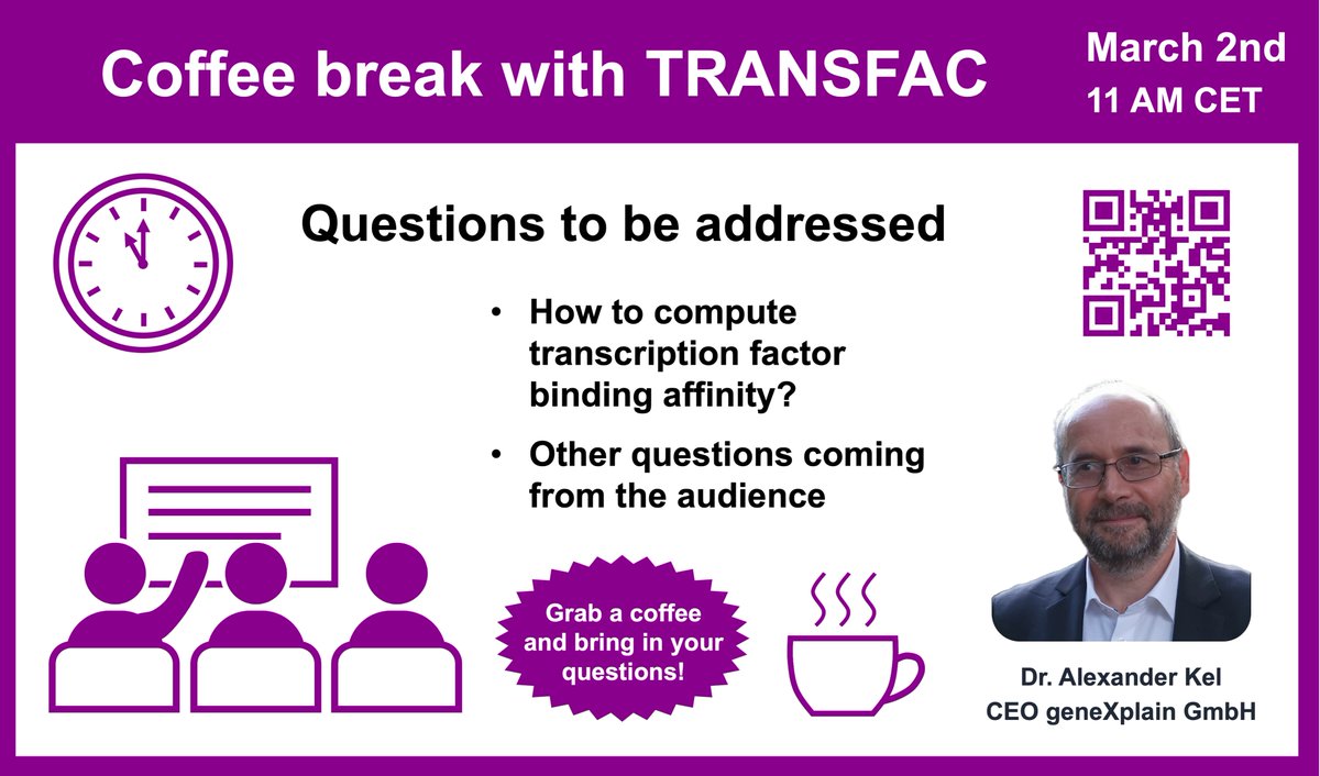 geneXplain's tweet photo. Join us for the next Coffee break with TRANSFAC that will be held on March 2nd at 11 AM CET
Get the link here https://t.co/bTBW2cCSRp 

#bioinformatics #SystemsBiology #webinar #PromoterAnalysis #PathwayAnalysis #DNA #TRANSFAC #GeneRegulation #TFBS #genes #TranscriptionFactor https://t.co/ldBCC3enr3