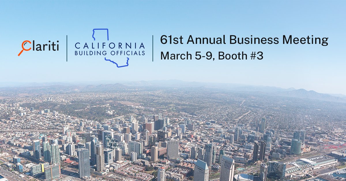 We'll be in San Diego next week for the Annual CALBO Business Meeting! Swing by our booth to learn how some of the busiest building departments in California do it all with Clariti ✅ 🏗