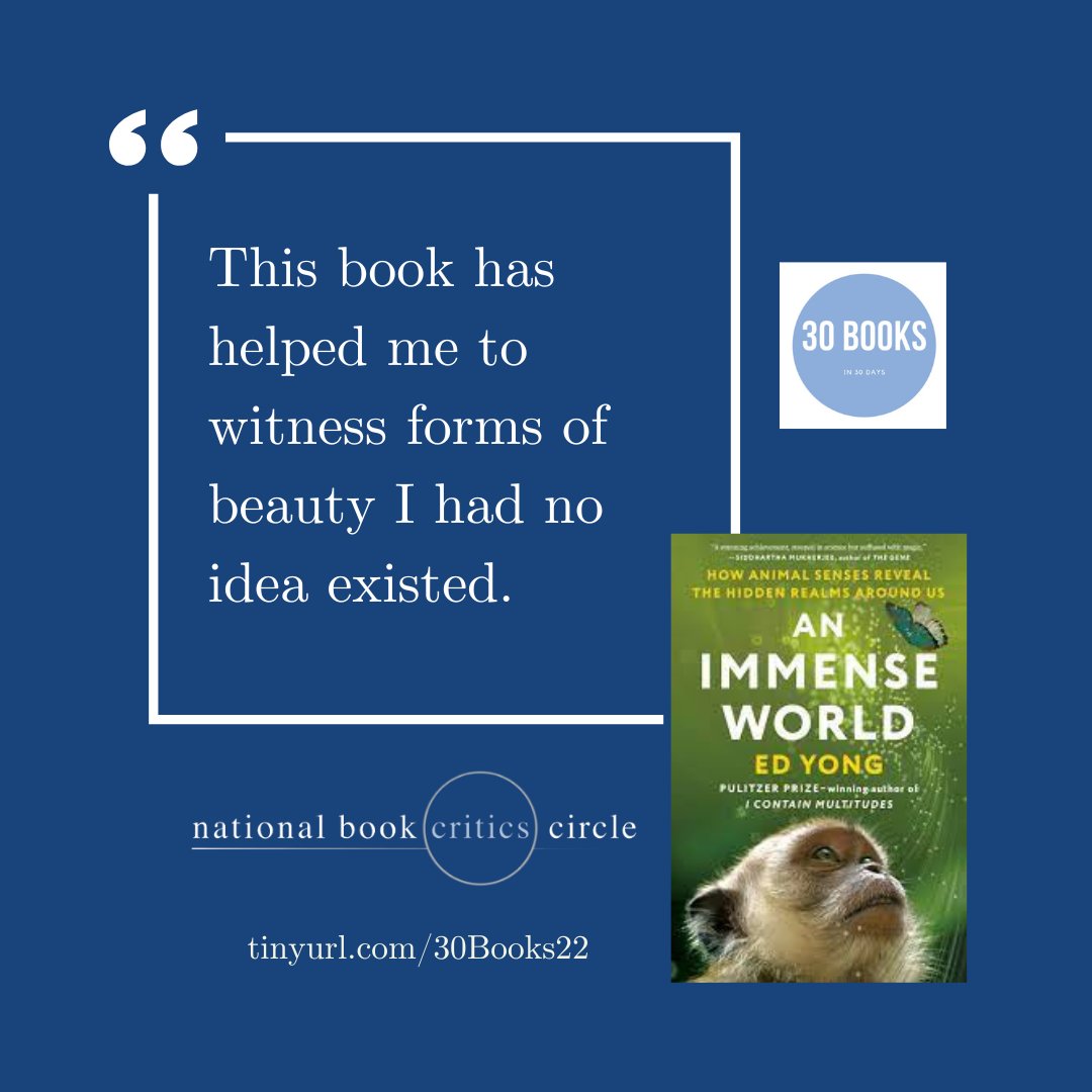 bookcritics's tweet photo. Today in our #30Books series, @Jo_Livingstone writes about 2022 NBCC Award for Nonfiction finalist An Immense World by @edyong209: https://t.co/qM5y3QVTtw #nbccawards #nonfiction https://t.co/wXecHTPX6L