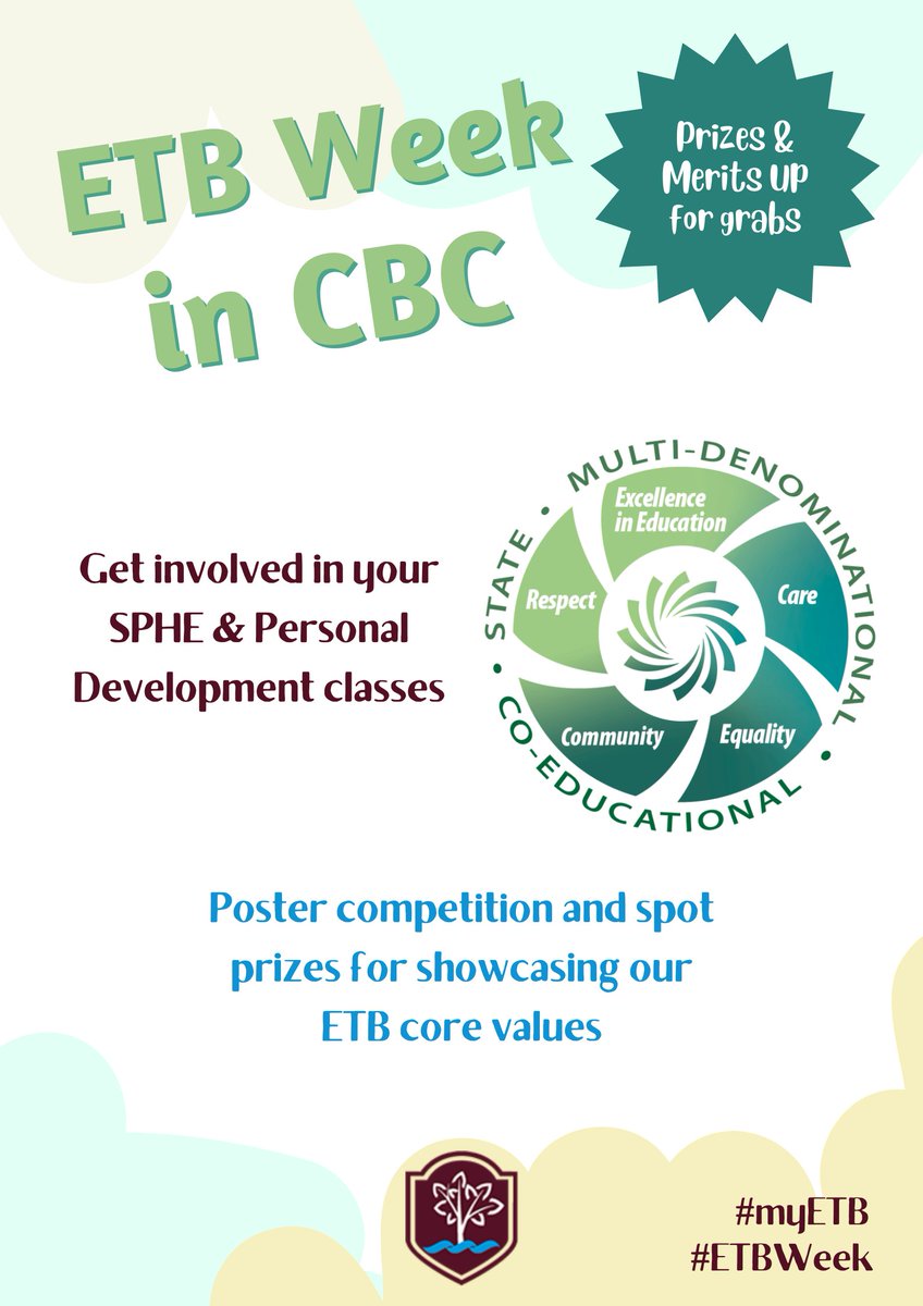 MsJCoyne's tweet photo. We're celebrating #ETBWeek this week in CBC!🎉Get involved in the different activities in our SPHE and Personal Development classes to be in with a chance of winning prizes and merits! 🌟 Spot prizes for students showcasing our core values 🏅 #myETB #ETBDay @ClaregalwayColl https://t.co/wmcocKnAve