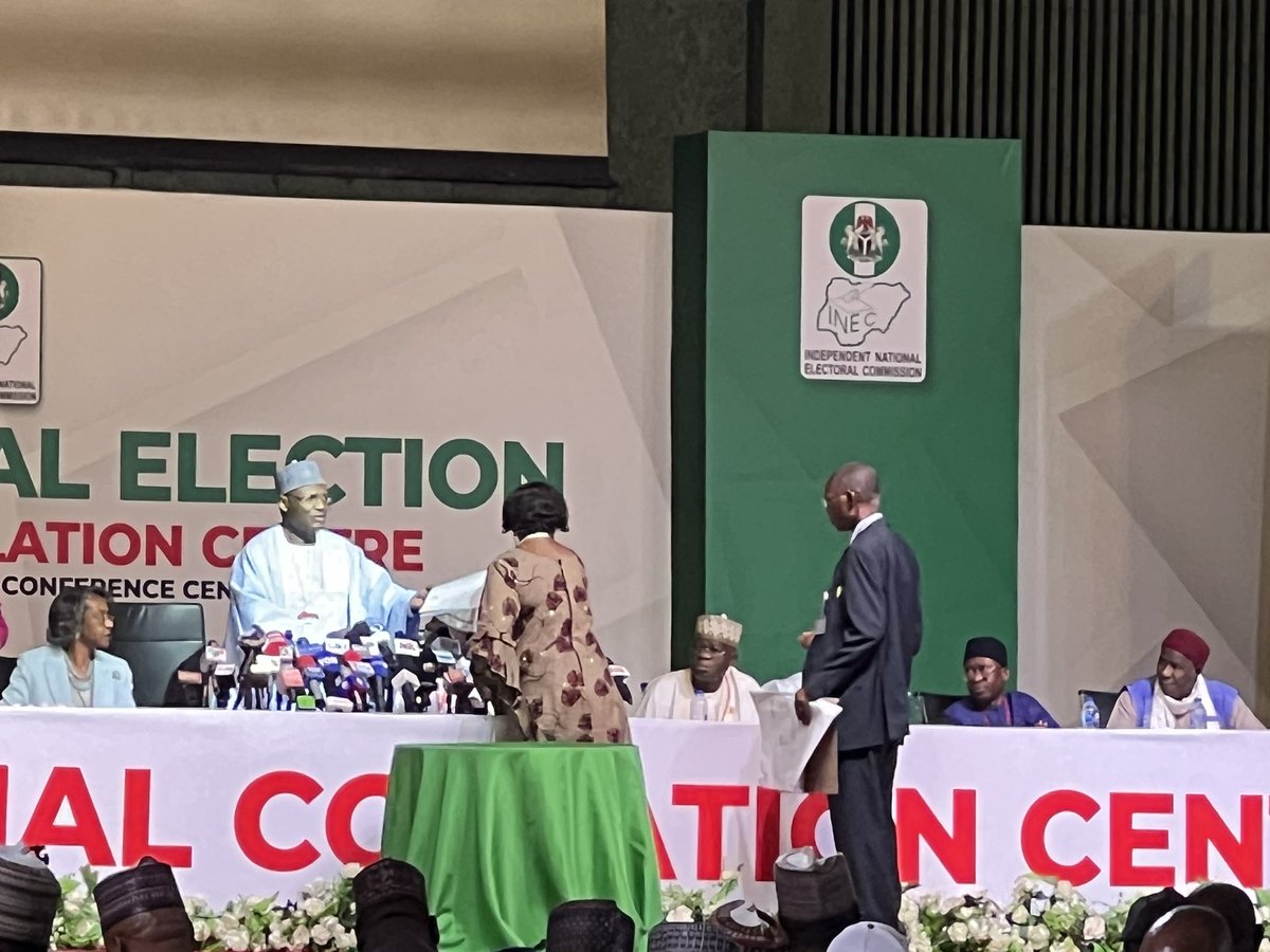 inecnigeria's tweet image. Presidential Election Results from Enugu, Lagos and Gombe States have been submitted by the Collation Officers of the respective States to the INEC Chairman, Prof. Mahmood Yakubu at the National Collation Centre, Abuja.
#NigeriaDecides2023