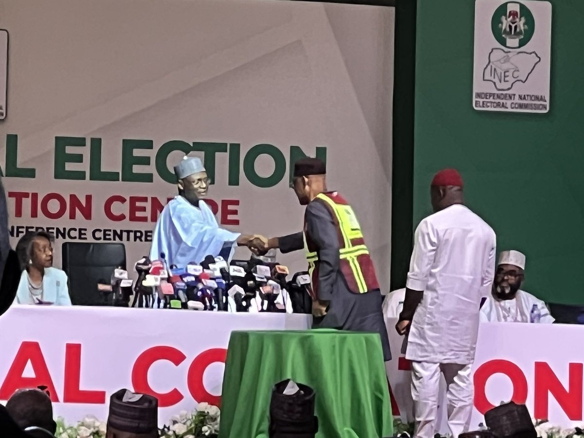 inecnigeria's tweet image. Presidential Election Results from Enugu, Lagos and Gombe States have been submitted by the Collation Officers of the respective States to the INEC Chairman, Prof. Mahmood Yakubu at the National Collation Centre, Abuja.
#NigeriaDecides2023
