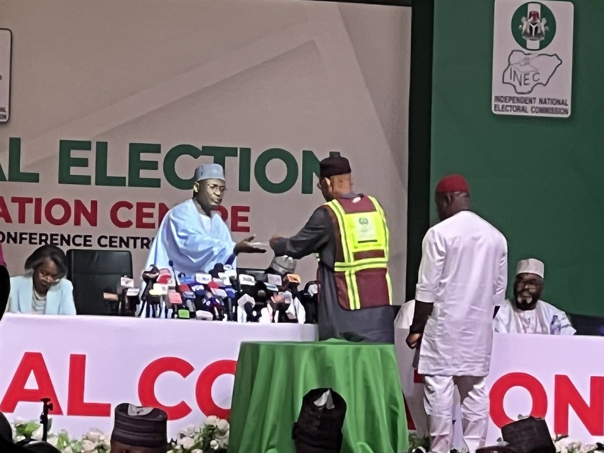 inecnigeria's tweet image. Presidential Election Results from Enugu, Lagos and Gombe States have been submitted by the Collation Officers of the respective States to the INEC Chairman, Prof. Mahmood Yakubu at the National Collation Centre, Abuja.
#NigeriaDecides2023