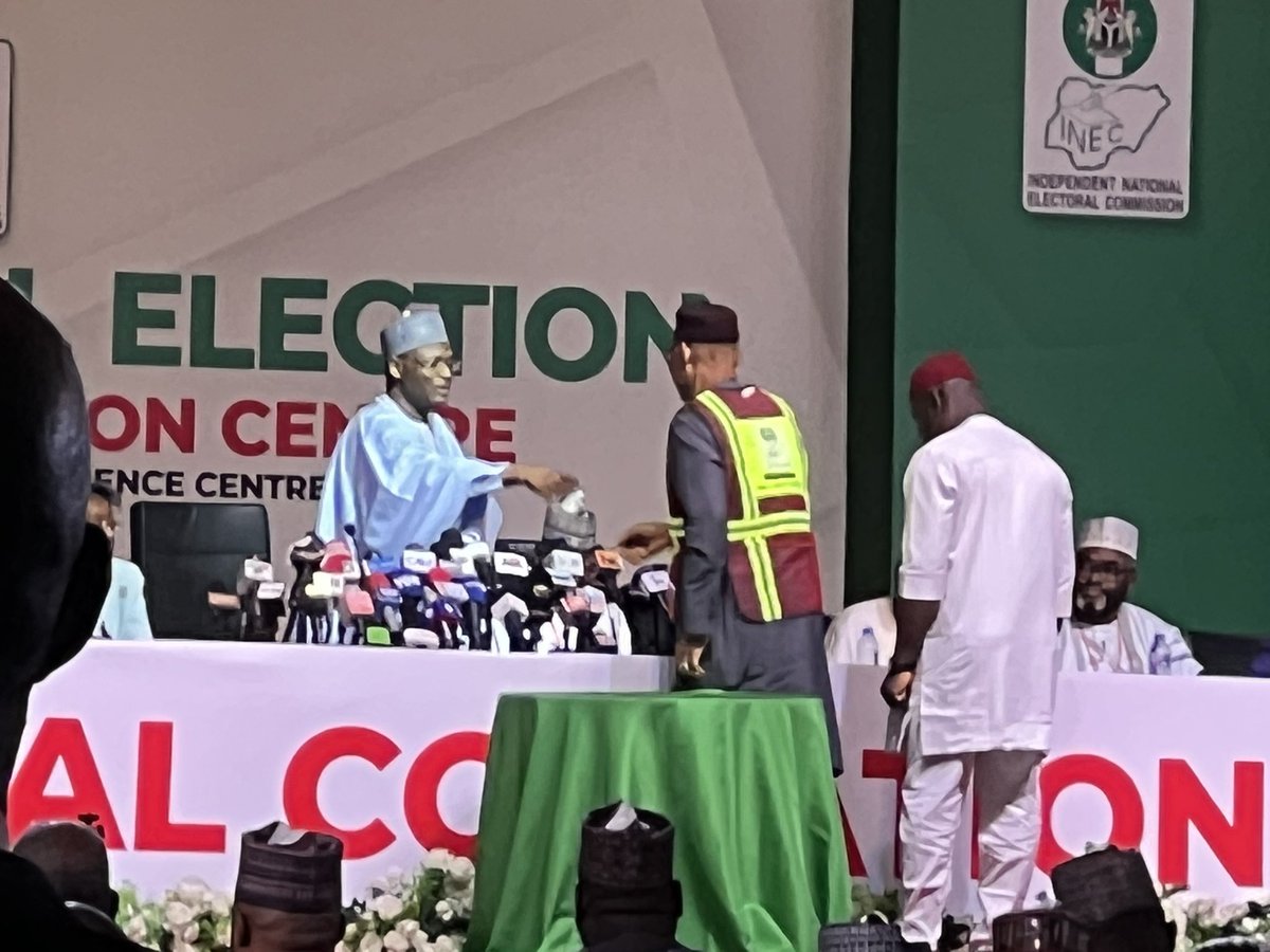 inecnigeria's tweet image. Presidential Election Results from Enugu, Lagos and Gombe States have been submitted by the Collation Officers of the respective States to the INEC Chairman, Prof. Mahmood Yakubu at the National Collation Centre, Abuja.
#NigeriaDecides2023