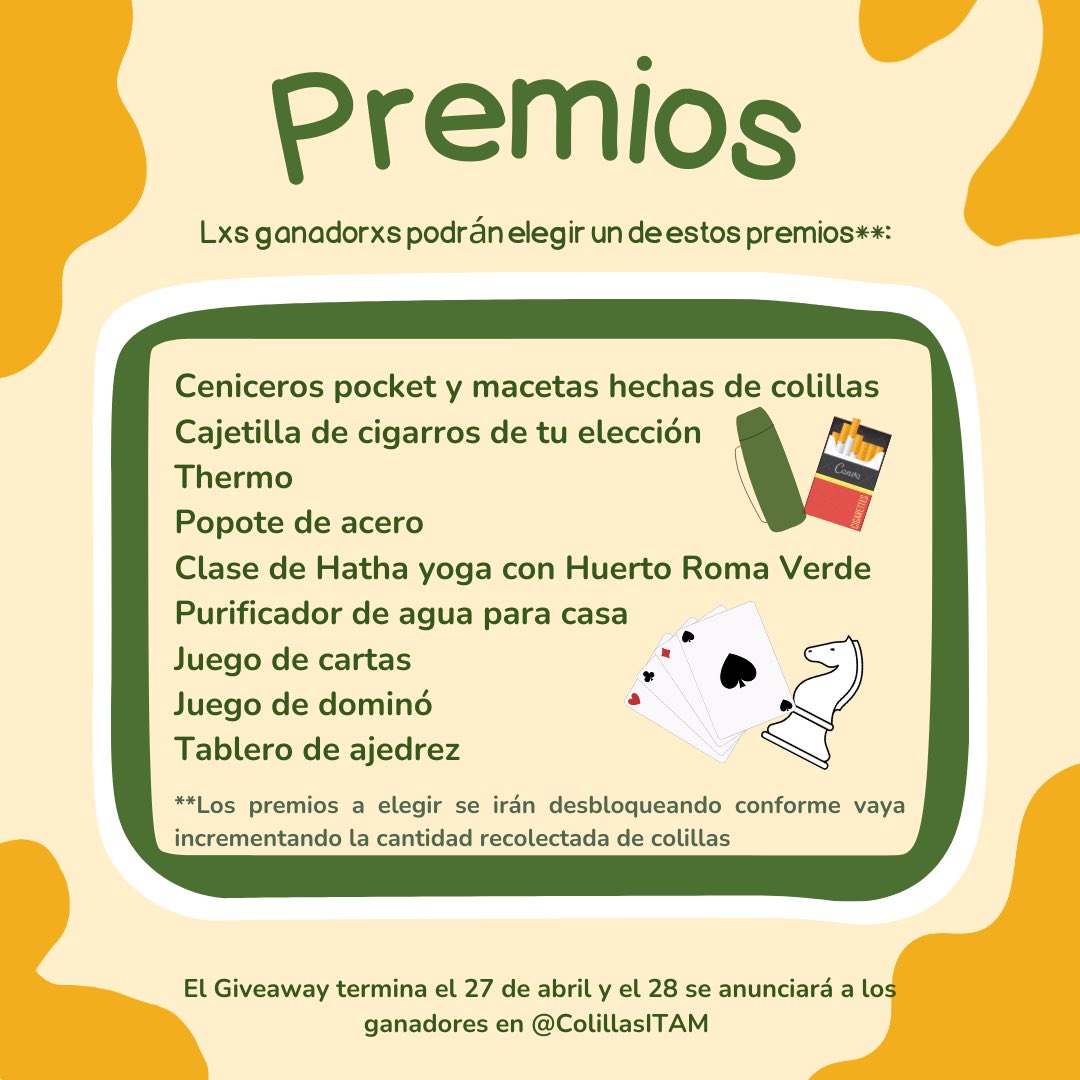 ColillasITAM's tweet photo. Reciclen sus colillas y ganen 🚬
Pueden participar muchas veces y aumentar su probabilidad de ganar 🥳
Tienen hasta el 27 de abril! https://t.co/Axb7zxnbGb