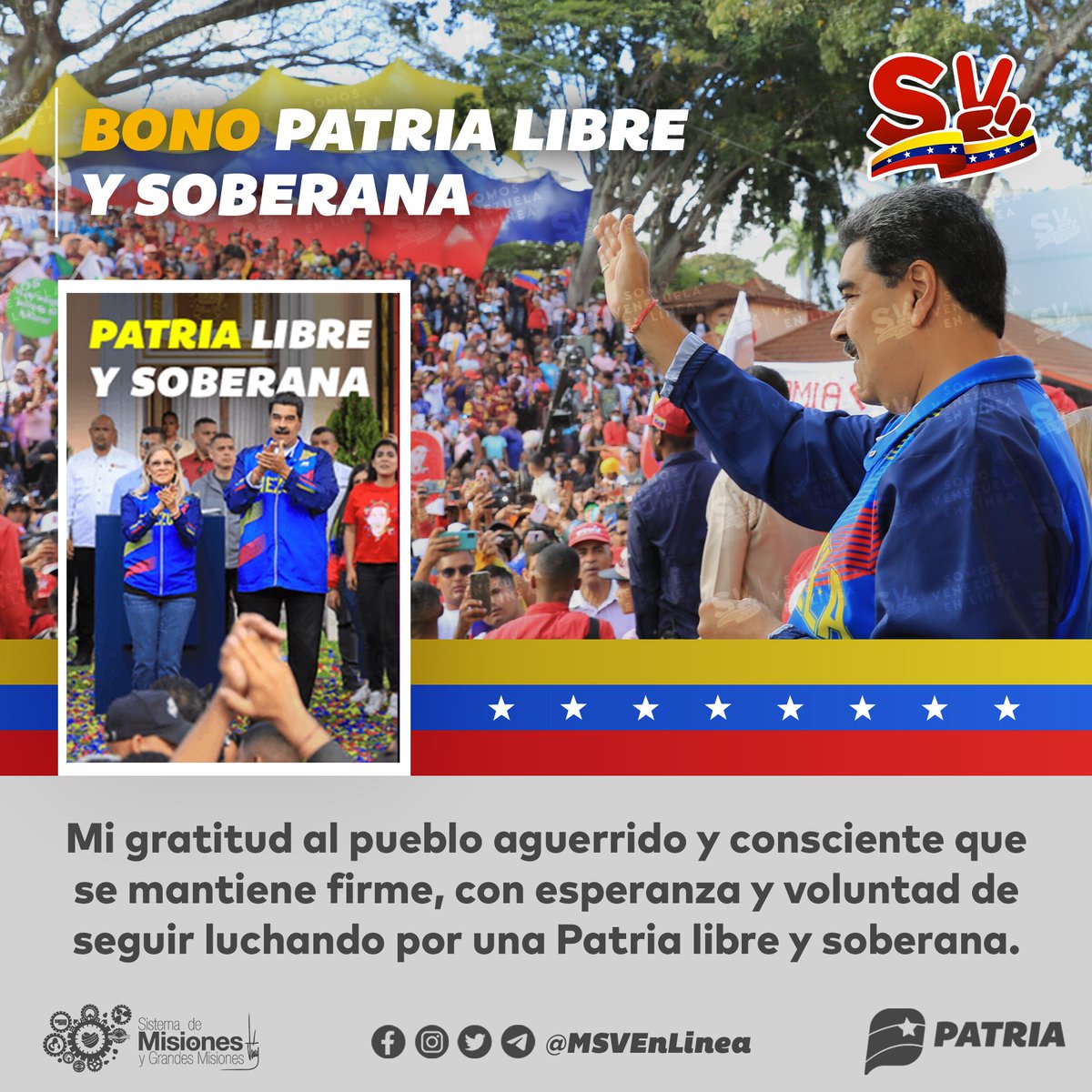 🚨 #ÚLTIMAHORA || Hasta el día de mañana #28Feb será la asignación del Bono Patria Libre y Soberana enviado por nuestro Pdte. <a href="/NicolasMaduro/">Nicolás Maduro</a> a través del Sistema <a href="/CarnetDLaPatria/">Carnet de la patria</a>.

<a href="/MSVSocial/">MSV Protección social</a> #TuiteroPatria #27Feb #27FRebeliónAntiimperialista