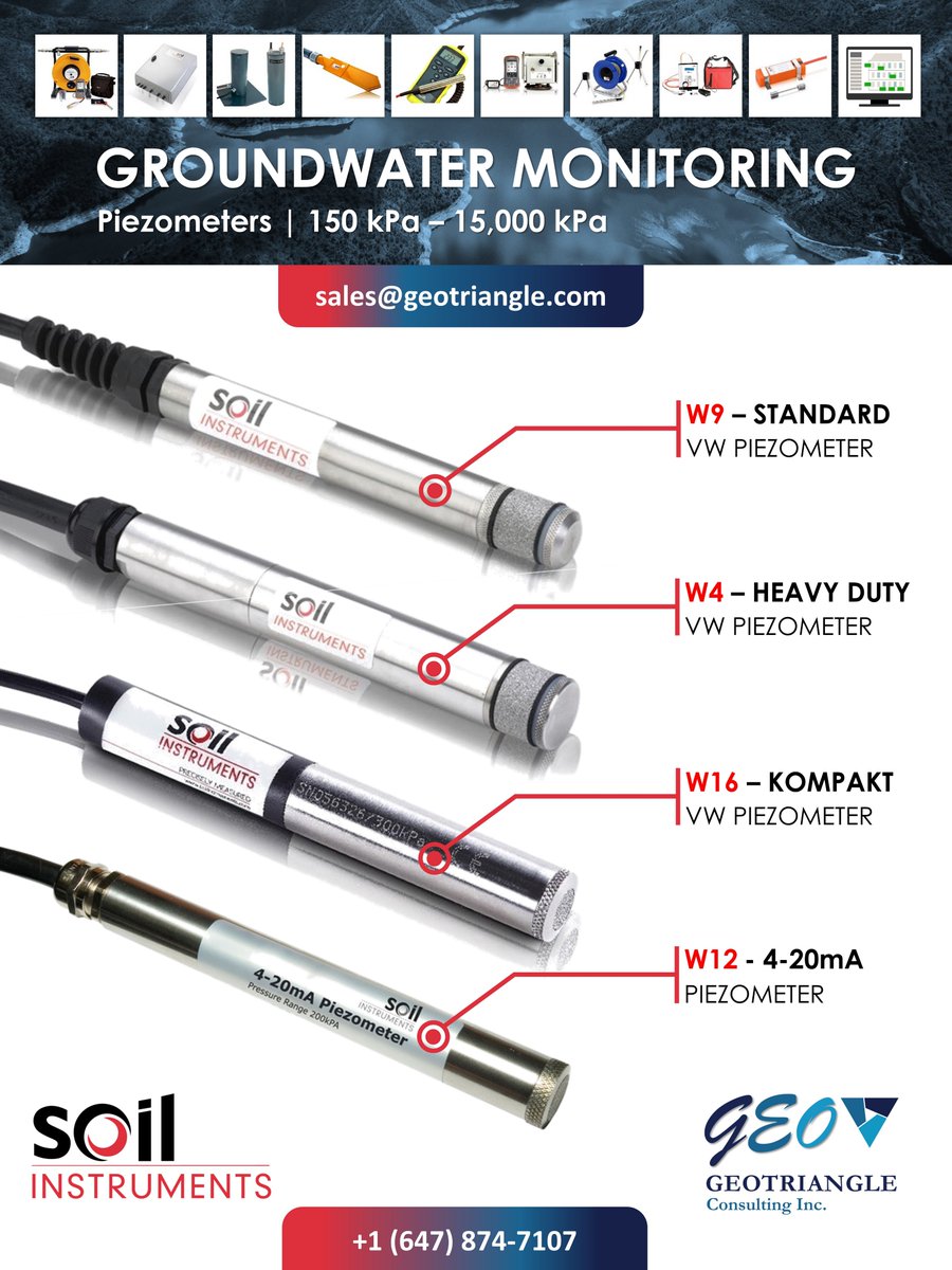 GeoTriangle_Inc's tweet image. Soil Instruments Ltd / Products / Groundwater Monitoring | Piezometers 👷🏻‍♂️
Accurate Measurement of Pore Water Pressures (150-15,000 kPa)
Need further information or a quote? Contact our Canadian team
ON: (647) 874-7107 
BC: (778) 300-7094
📱 (705) 988-0173
📧 sales@geotriangle.com