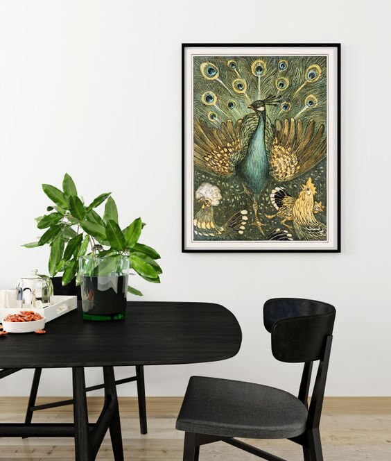 Peacock Bird Print, Large Bird Wall Art Decor, Bird Vintage Illustration etsy.me/3IVzGnu #unframed #bedroom #animal #vertical #birdprint #largebird #birdwallart #wallartdecor #birddecor