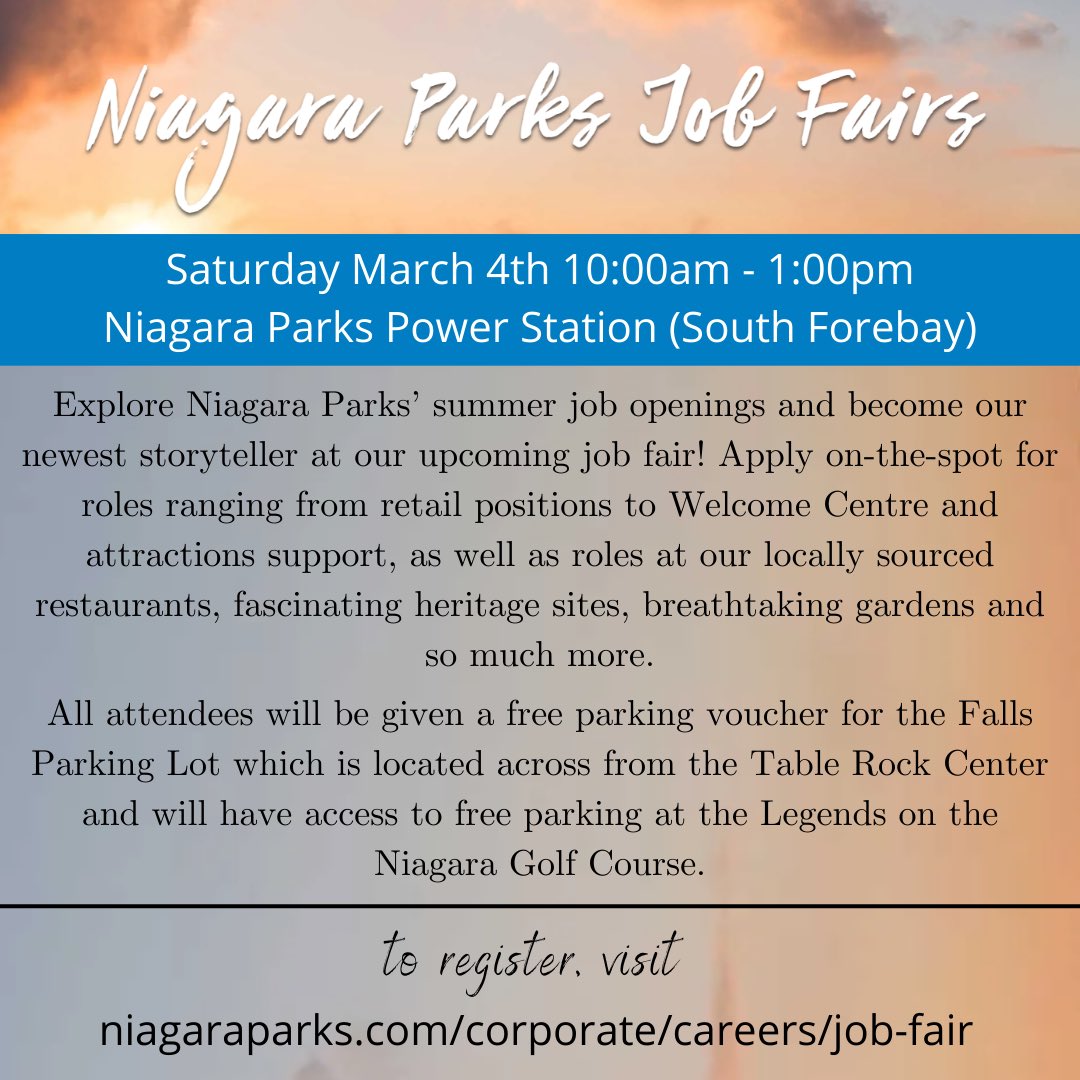 NC_CES's tweet photo. Another job fair coming up with Niagara Parks!

Visit https://t.co/SmA0VbVU1i to register! https://t.co/dBImIHZJjj