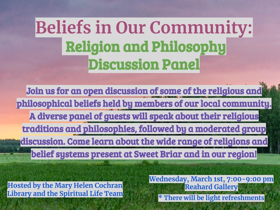 sbclibrary's tweet photo. Join us in the Reahard Gallery on Wednesday at 7pm for "Beliefs in Our Community: a Religion and Philosophy Discussion Panel" and learn about the different beliefs of people in our local area!  All are welcome for this respectful, educational, and fulfilling discussion! https://t.co/lwdUWyZxbR