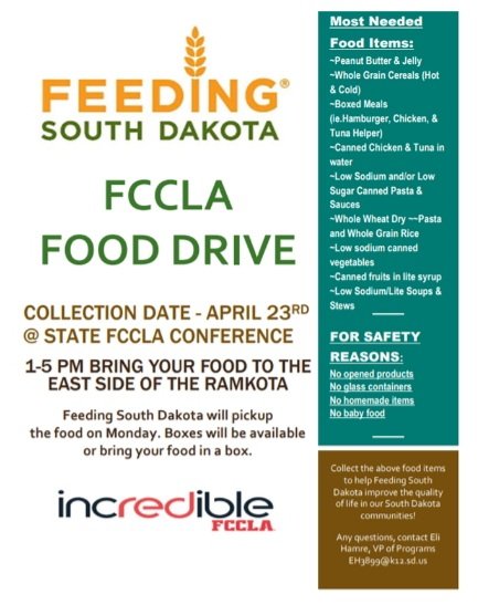 SDFCCLA's tweet photo. South Dakota FCCLA will be working with Feeding South Dakota to host a food drive to help South Dakota communities. Your State Executive Council is asking each Chapter to collect food supplies to bring to State Leadership Conference. Check out the image for more details! #SDFCCLA https://t.co/BH3gwEyOsg