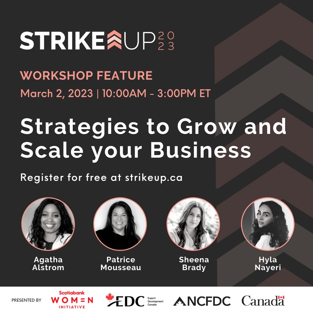 The <a href="/StrikeupCanada/">StrikeUP Canada</a> FREE digital conference for #womenentrepreneurs returns on March 2, 2023! Hear from Canada’s leading women in business as they discuss key strategies to grow &amp; scale your business forward. Register now at  strikeup.ca