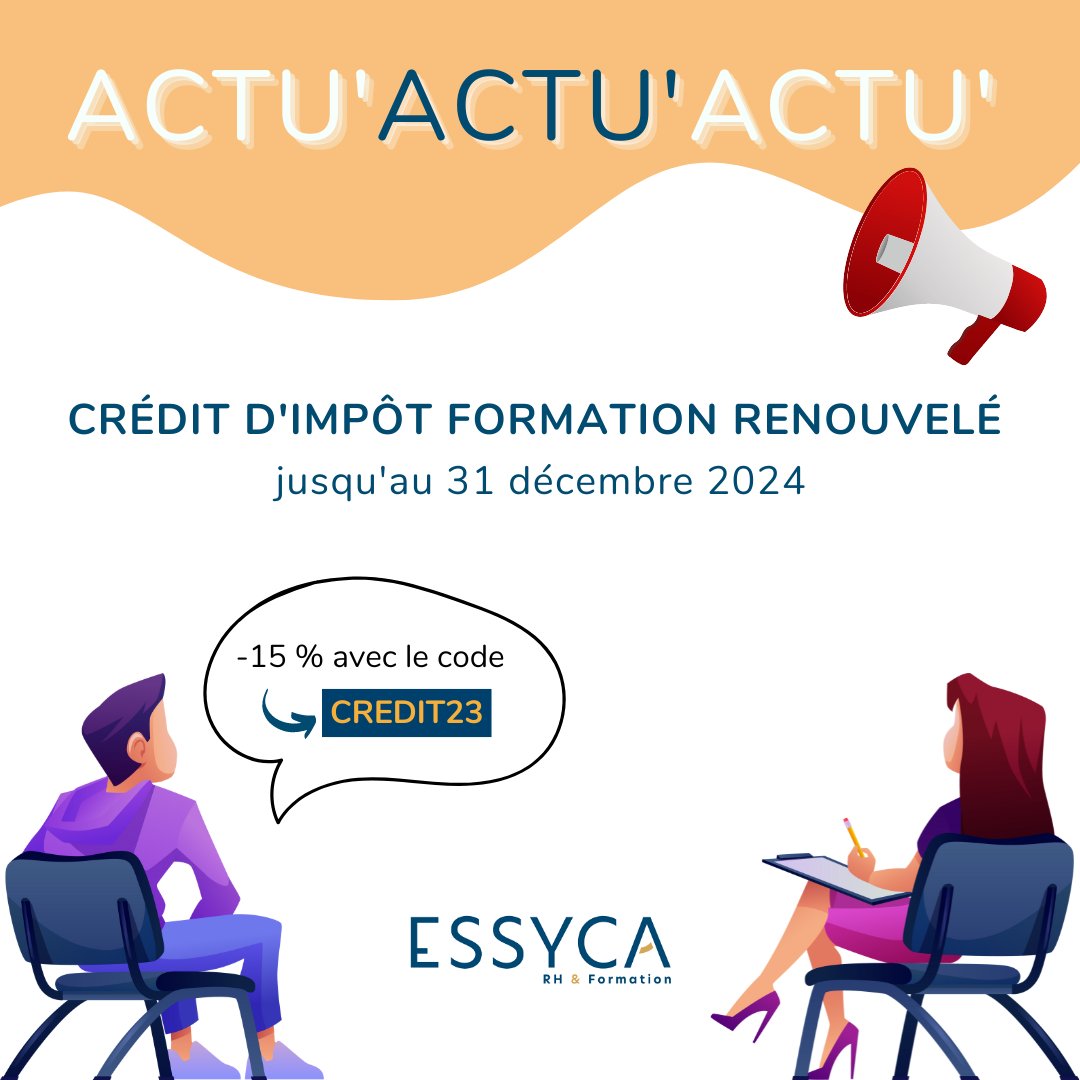 Bonne nouvelle : le crédit impôt formation a été renouvelé jusqu’au 31 décembre 2024 ! Profitez-en pour vous former : -15% sur l’ensemble de nos formations E-learning (hors pack) avec le code CREDIT23 jusqu’au 20/03/2023.

#essyca #formation #actualite #credit #impots