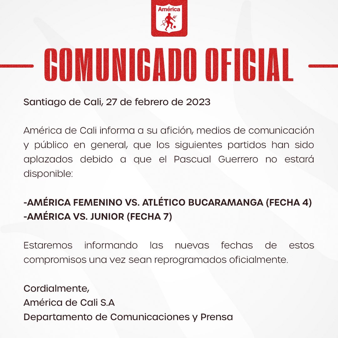 #Proximafecha 🚨America confirma que el partido de la fecha 7 contra Junior, queda aplazado por un concierto en la ciudad de Cali.