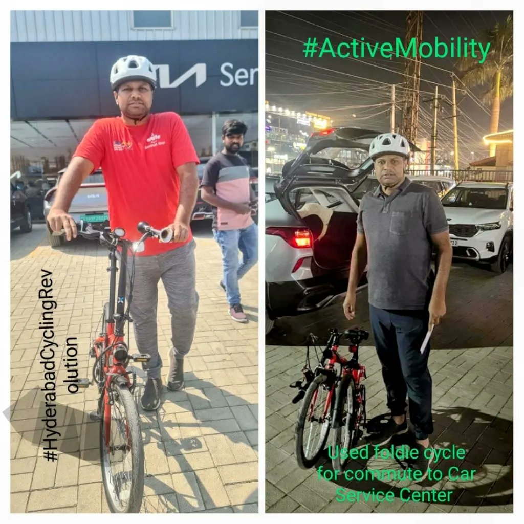 HydcyclingRev's tweet photo. #hyderabadCyclingRevolution
Thank you @PrathapaRAvva for using #foldablecycle @FoldyBykTwister to ride to the service center to pick up the car
Happy to see you are living a proper #ActiveMobility life with #FoldableCycle
#HappeningHyderabad
@sselvan @KTRBRS @HiHyderabad https://t.co/LI9sX5K4rv