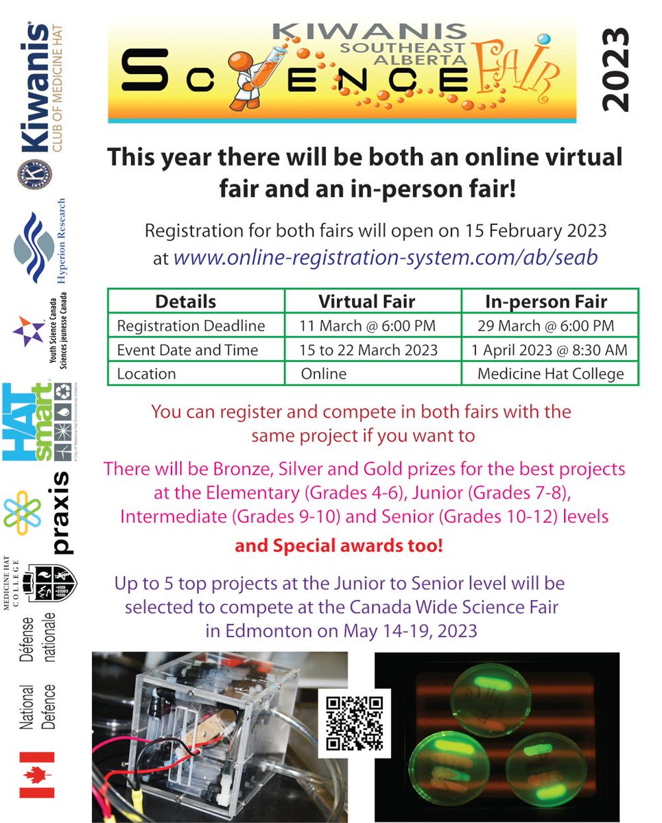 PraxisMedHat's tweet image. The SE Alberta Kiwanis Regional Science Fair 2023 (virtual &amp;amp; in-person) registration opened on February 15. Student, judging and volunteer registration details are available at praxisscienceconnection.wordpress.com/2023/02/07/202…
#MakeMorePossible #YSCRegionals #CWSF #STEM #MedHat #ScienceFair #SciChat