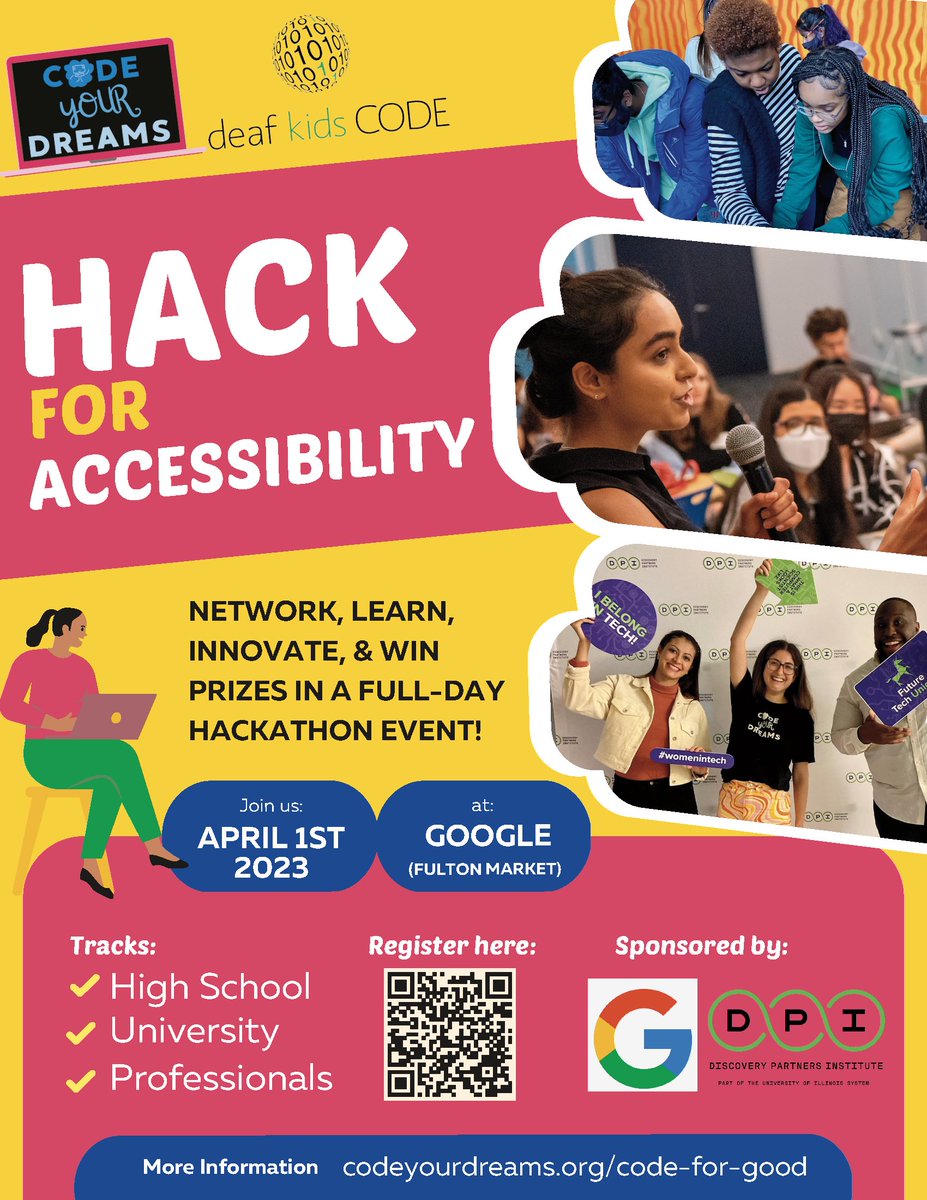 Our friends at @WeCodeDreams are putting on a great event to promote inclusivity in tech -- join them at their Hack for Accessibility in conjunction with @deafkidscode on April 1st If you're a professional or university student in the Chicagoland area, this is for you!