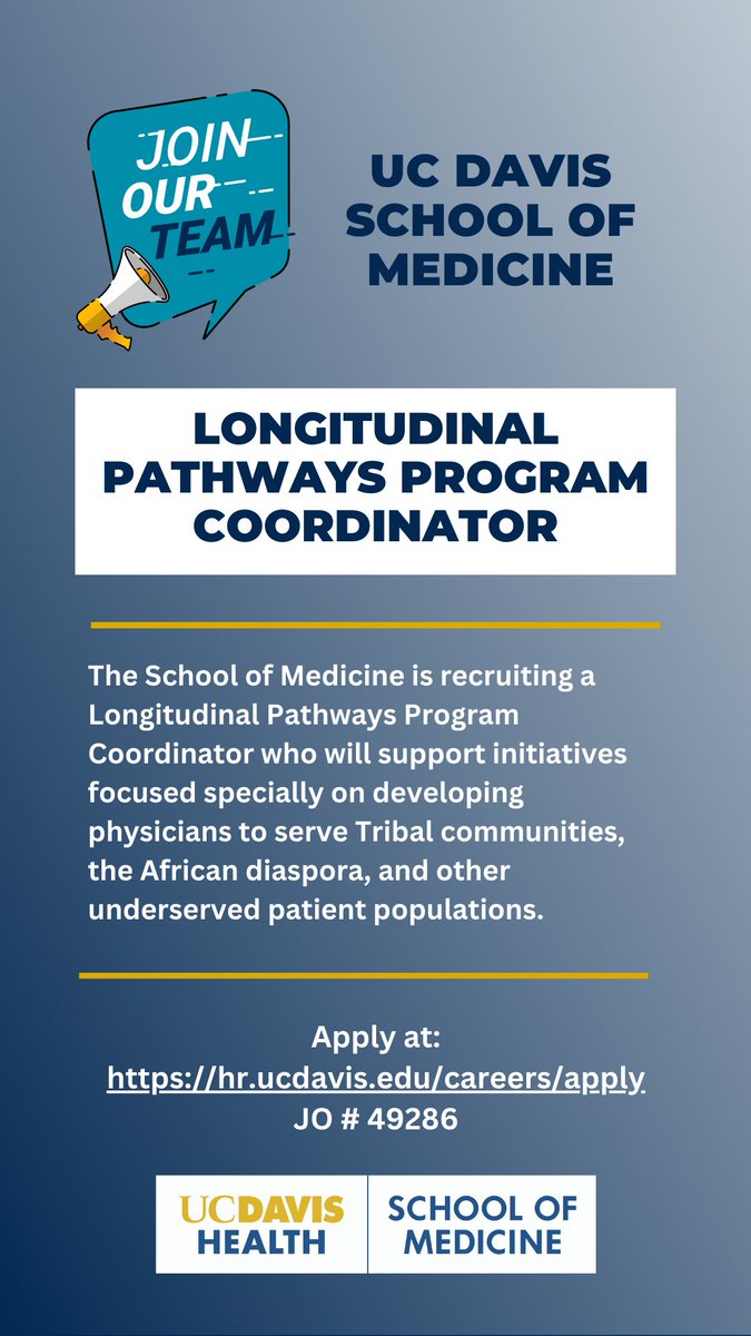 🌟 We're hiring! 🌟 <a href="/UCDavisMed/">UCDavisMedSchool</a> is recruiting for three coordinators to healthcare workforce diversity in California!

Please apply! hr.ucdavis.edu/careers/apply