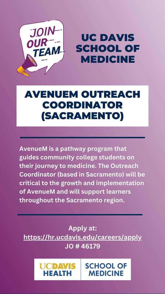 UCDavisCDHW's tweet photo. 🌟 We're hiring! 🌟 @UCDavisMed is recruiting for three coordinators to healthcare workforce diversity in California!

Please apply! https://t.co/OjORaz5xys https://t.co/b8AeDrwH2k