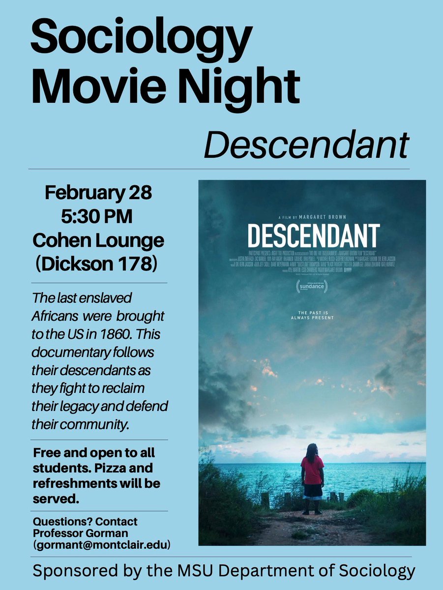 Come out for Sociology Movie Night tomorrow Tues 2/28 @ 5:30 pm in Cohen Lounge, Dickson Hall. 

Bring a friend! 📽️🎞️🍕🥤