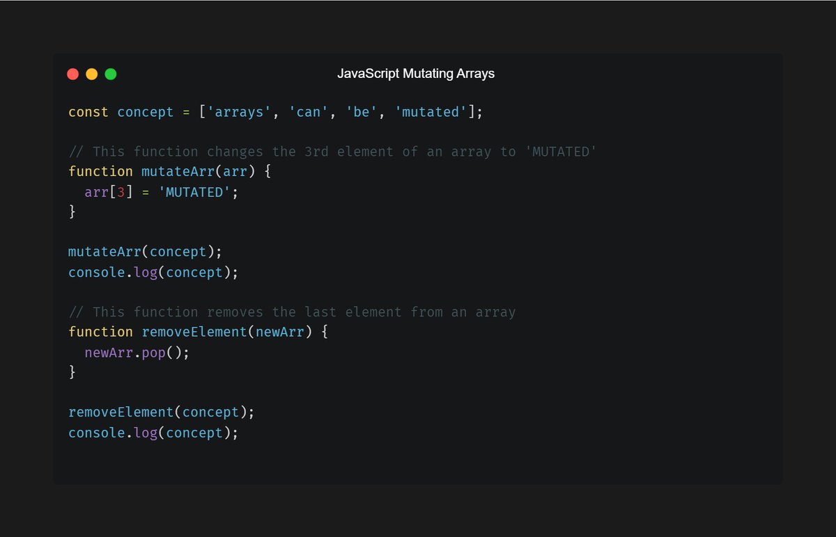 saeedhalabi_'s tweet image. 🗓️Day 28 & 29 of #100daysofcodechallenge with #Javacript !
⭐ In these days I went over arrays being mutable, or
changeable and practiced them.
⭐ Learned how to mutate an array.
⭐ Practiced all the array functions I learned
⭐ I got into "Nested Arrays"