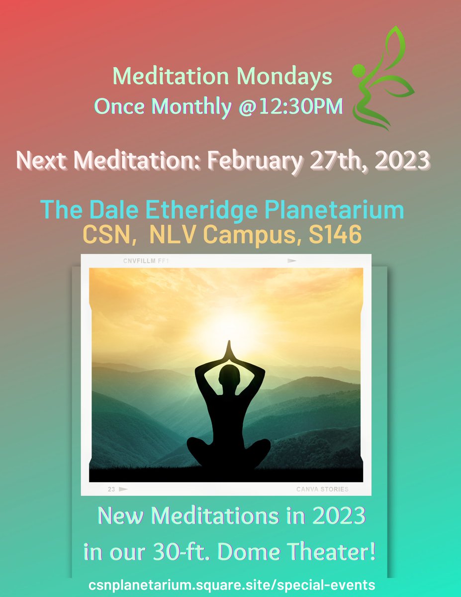 CSNPlanetarium's tweet photo. Don’t forget, today is Meditation Monday at the planetarium!
If you’re on the NLV Campus and feel like a rejuvenating midday break, come on down to the planetarium at 12:30pm.
See you there!
#daleetheridgeplanetarium #csn #collegeofsouthernnevada #freeseries #lv #lasvegas https://t.co/JY3honIK7T