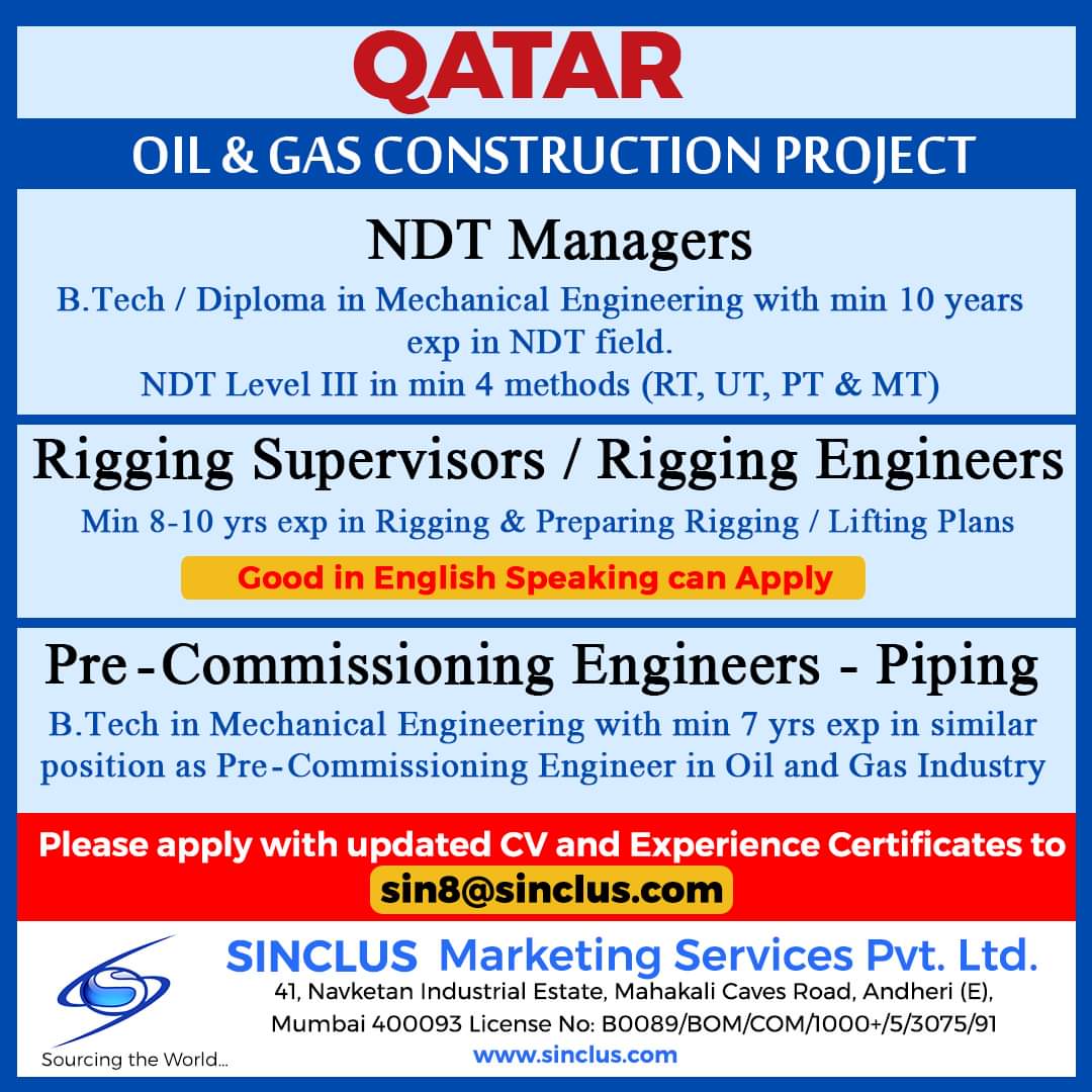 gulfjob8's tweet photo. Dear all,
for more update kindly follow our other Accounts
Facebook: https://t.co/Zu4to3IEqy
#qatarjob #NDT #ndtmanager #rigging #engineer #commissioning #piping #oilgas #sincl https://t.co/htWX1pUOhd