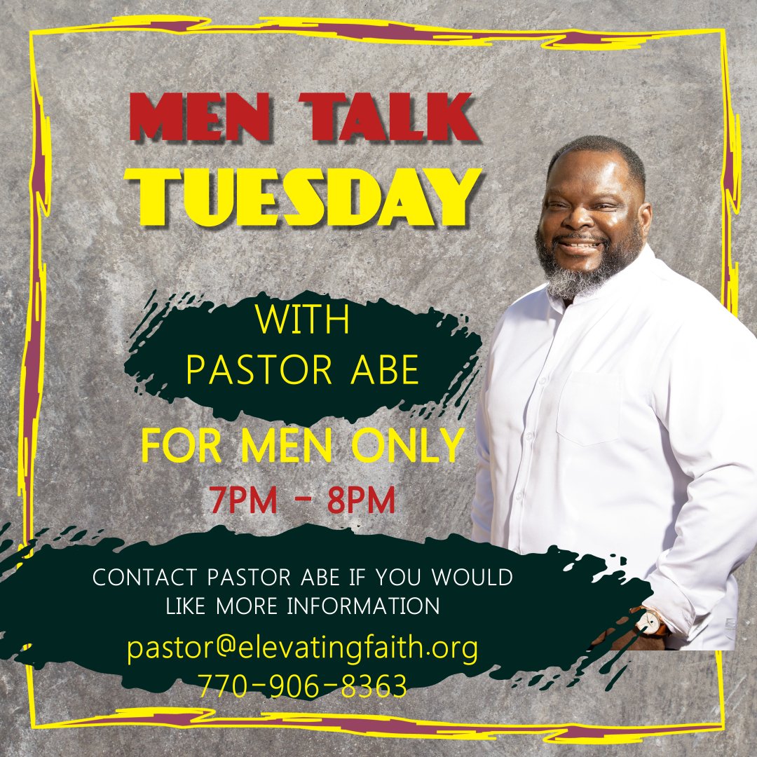 ElevatingFaithM's tweet photo. Hey men are you looking for that safe place to talk about how you feel? Are you looking for a brotherhood of men who are looking to pour into each other? Private conversation on Zoom #lifteadchotherup #Letstalkaboutit #MenTalkOnly Contact Pastor ABE at the email or number below https://t.co/2FhiZmpoYi