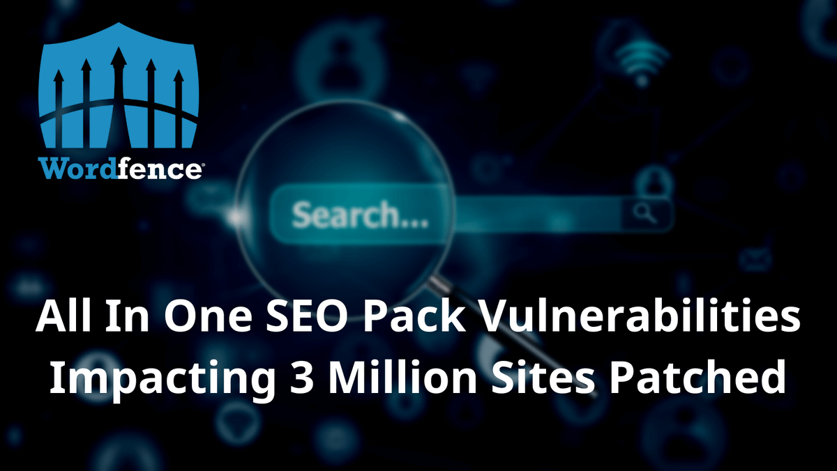 wordfence's tweet photo. Our team responsibly disclosed two vulnerabilities in All In One SEO, a WordPress plugin installed on over 3M sites. We issued a firewall rule to protect against the more severe vulnerability, which is available to all Wordfence users as of 2/24. 

To read more, visit: 
https://t.co/FiwHnOEorx