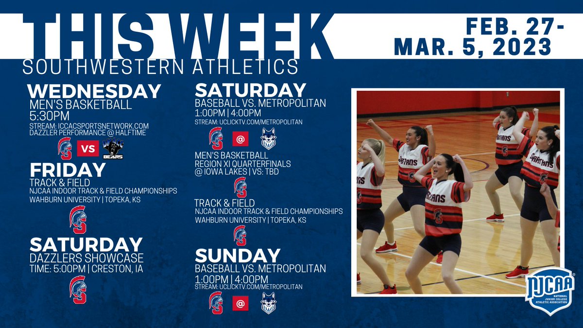 Southwestern Athletics
🗓️Feb. 27 - Mar. 5

Spartan Nation stays busy as we head into March, with 4 teams competing this week.

⚔️Final home MBB game vs. DMACC.
⚔️Track &amp; Field Indoor Nationals.
⚔️Dazzlers Showcase.
⚔️BSB road series vs. Metropolitan

#SpartanNation⚔️