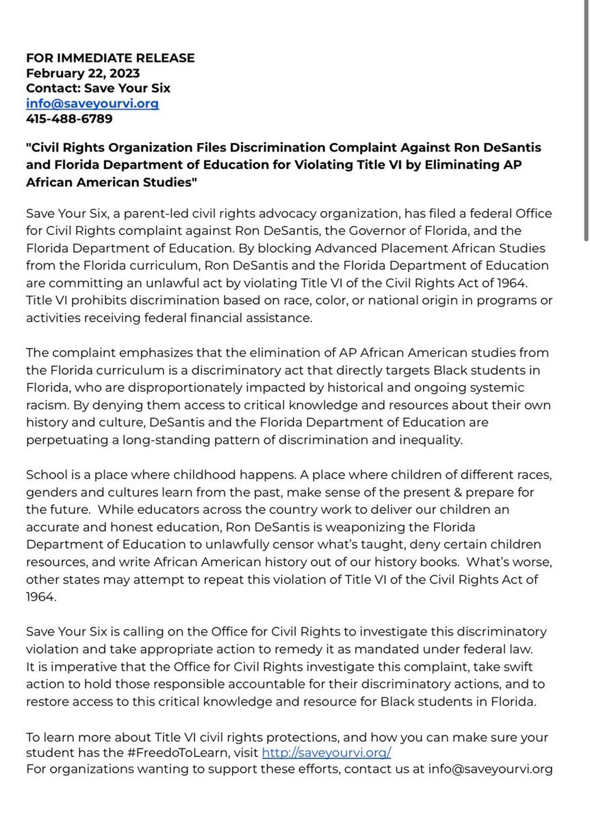saveyourVI's tweet photo. @theprogressive @JessedHagopian We have filed an Office For Civil Rights complaint with the Federal Department of Education against @RonDeSantisFL  &amp; the FL Dept of Ed for violating Title VI in the blocking of AP African American Studies. #FreedomToLearn #TitleVI  https://t.co/ESRnD7KSSc https://t.co/v8zHgMHPDY