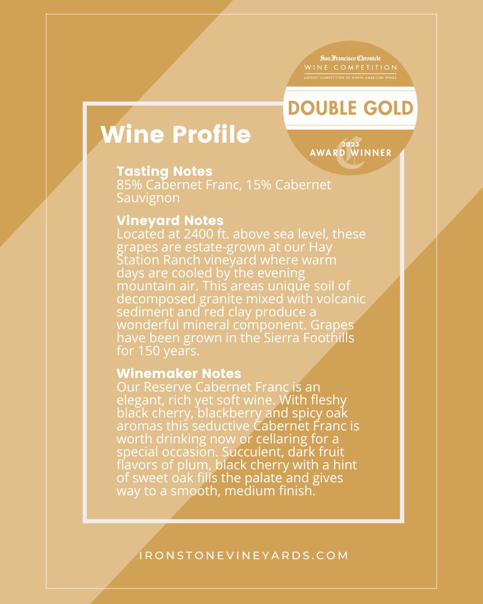 Another great win from the 2023 @sfchronwinecomp, 🥇DOUBLE GOLD🥇 for our 2020 Reserve Cabernet Franc. Pick up a bottle at our winery, or order online at ironstonevineyards.com today! Another well deserved round of applause for our winemaking team! 👏🏽 👏🏽 👏🏽