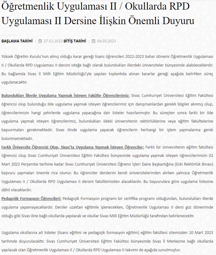 Okullarda RPD Uygulaması II/Öğretmenlik Uygulaması II Dersine İlişkin Önemli Duyuru

egitim.cumhuriyet.edu.tr/duyuru/28756-o…