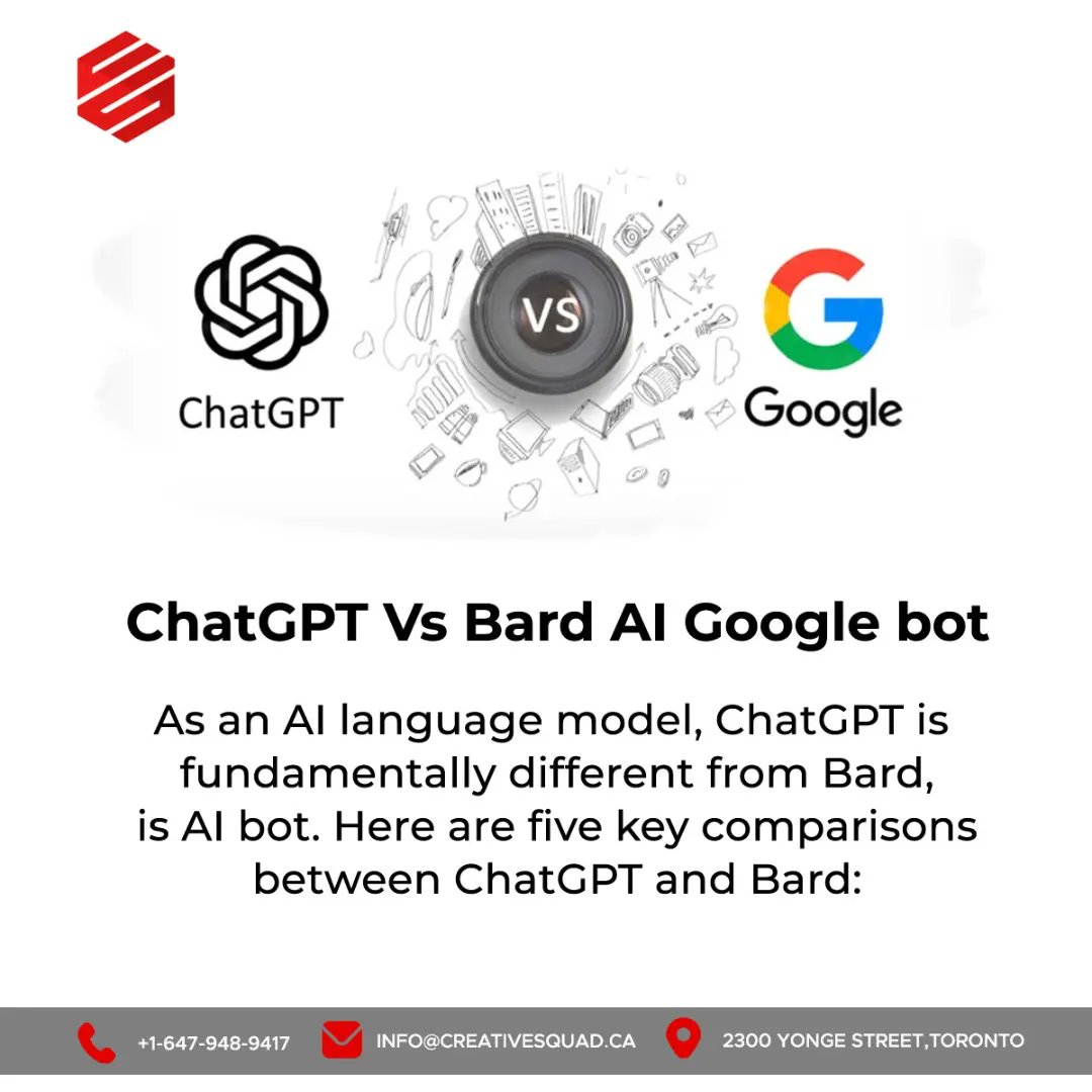 CreativeSquadCA's tweet photo. ChatGPT vs Bard: Which AI bot will reign supreme? Let's take a closer look at the differences!

#chatgpt #ai #artificialintelligenceai #artificialintelligence #creativesquad #chatpat #artificialintelligencetechnology https://t.co/Fyfr9fYx3h