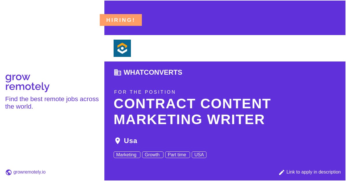 growremotelyio's tweet image. Check out this job at WhatConverts for the position Contract Content Marketing Writer.

 Apply link: growremotely.io/?id=63fbf7ba42…

#hiring #remotejobs #WhatConverts #SalesandMarketing