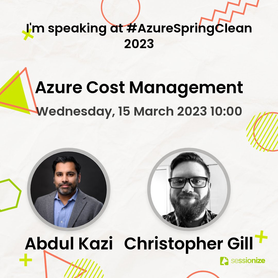 cgill's tweet image. Abdul and I are excited to speak at #AzureSpringClean 2023 about Azure Cost Management!
#Azure #costmanagement #Cloudfamily