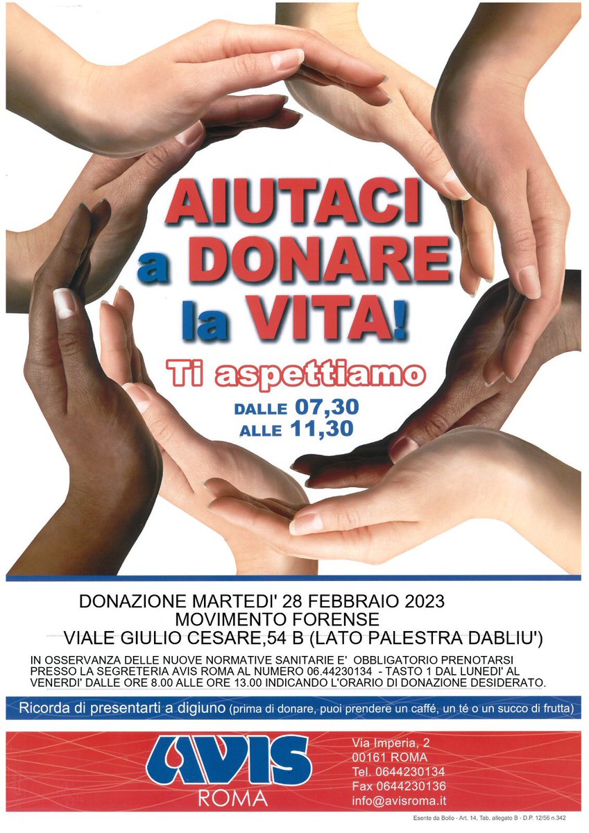 Il 28.2.2023 #Aiutaciadonarelavita dalle 7:30 alle 11:30 di fronte al Tribunale Civile di Roma in Viale Giulio Cesare 54/B fronte palestra Dabliu. #donazione #sangue