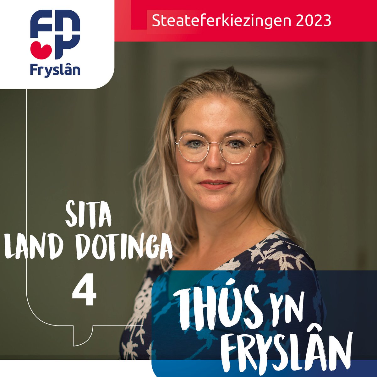 Kom yn 'e kunde mei ús kandidaten! Us nr. 4 fan de provinsjale list:  "Myn namme is Sita Land-Dotinga út #Surhuzum. Yn it deistich libben bin ik Senior Flexconsulent en bin ik in soad dwaande mei minsken dy't wurksum binne yn û.o. de bousektor."

#PS2023 #THÚS