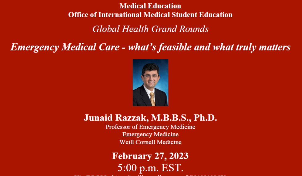 Join us today, 2/27/23, at 5pm (EST) for Dr. Razzak's talk on Emergency Medical Care
For Zoom link, email sab2025@med.cornell.edu
#emergencymedicine #medicine <a href="/WCMEmergency/">WCM Emergency Medicine</a> <a href="/weillcornell/">Weill Cornell Medicine</a>