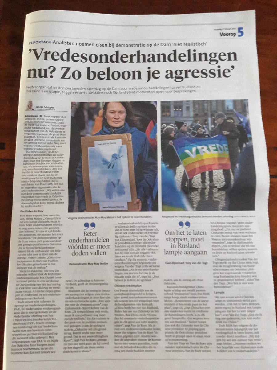 Peace SOS (@peace_sos) on Twitter photo Erg blij met het artikel van <a href="/JournaJannie/">Jannie Schipper</a> in o.a. <a href="/nhdagblad/">Noordhollands Dagblad</a> en de <a href="/gooieneemlander/">De Gooi- en Eemlander</a> vandaag over onze vredesdemonstratie met verschillende vredesorganisaties voor Oekraïne. Fijn dat er aandacht is voor vrede! 🕊️❤️🙏#Oekraine #Vrede
m.noordhollandsdagblad.nl/cnt/dmf2023022… Erg blij met het artikel van <a href="/JournaJannie/">Jannie Schipper</a> in o.a. <a href="/nhdagblad/">Noordhollands Dagblad</a> en de <a href="/gooieneemlander/">De Gooi- en Eemlander</a> vandaag over onze vredesdemonstratie met verschillende vredesorganisaties voor Oekraïne. Fijn dat er aandacht is voor vrede! 🕊️❤️🙏#Oekraine #Vrede
m.noordhollandsdagblad.nl/cnt/dmf2023022…